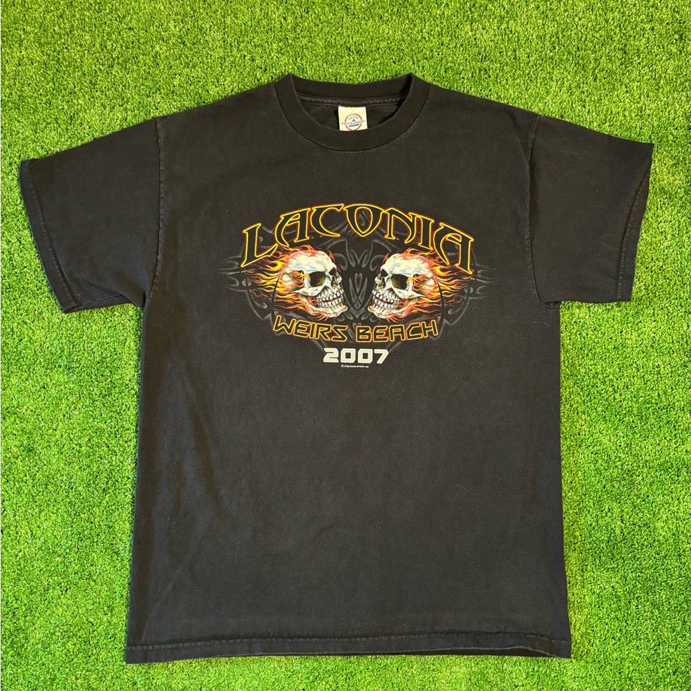 Y2K Laconia Bike Week Flaming Skull T-Shirt - Picture 2 of 7